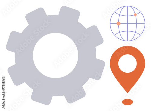Gear symbol, orange location pin, and globe with connections. Ideal for teamwork, logistics, geography, navigation, collaboration global reach travel. Simple flat metaphor