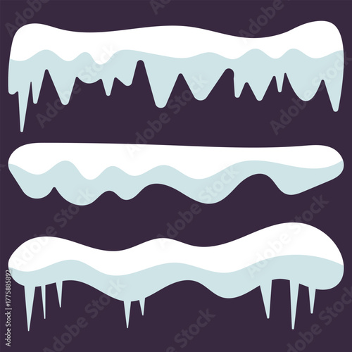 Snow icicles frame. Frozen winter decoration, frost border vector background design. Set white snow caps with icicles and piles with icy texture. eps 10