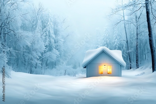 Cozy Snowy Cabin in Winter Wonderland Surrounded by Frosty Forest and Soft Light
