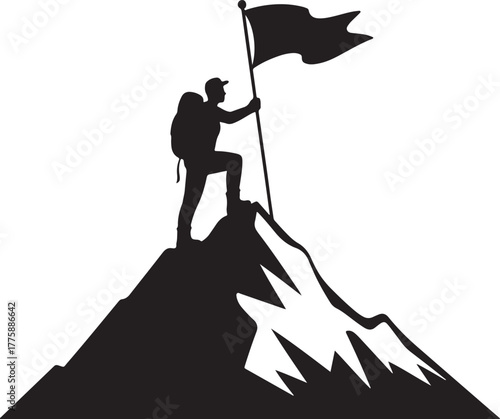 Inspired traveler man stands on mountaintop rejoicing at successful climbing Everest peak