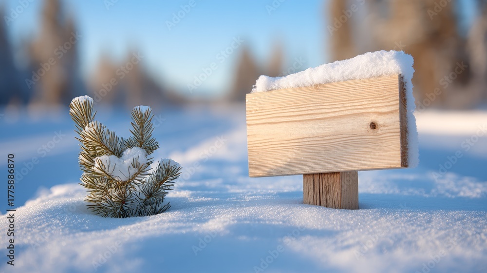 Naklejka premium Rustic wooden sign standing in fresh white snow majestic pine trees looming in serene winter landscape photography.