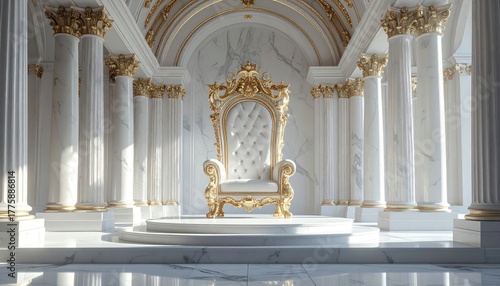 A majestic golden throne stands prominently in a lavish white marble hall, exuding an aura of regal power and opulent grandeur, symbolizing authority and luxury