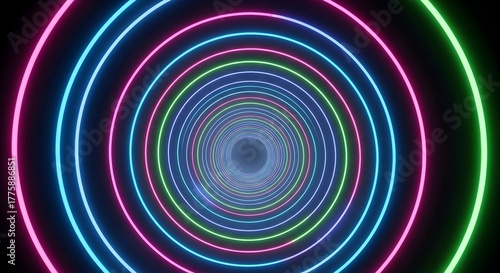 Endless neon rings in pink blue and green light tunnel abstract digital background