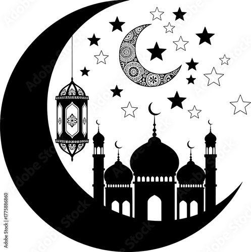 Islamic Night Scene Silhouette with Mosque, Large Crescent Moon, and Lantern