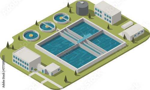 Isometric 3D illustration of modern water treatment plant with purification tanks, filtration basins, industrial buildings, and clean water facility
