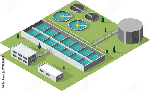 Isometric 3D illustration of modern water treatment plant with purification tanks, filtration basins, industrial buildings, and clean water facility