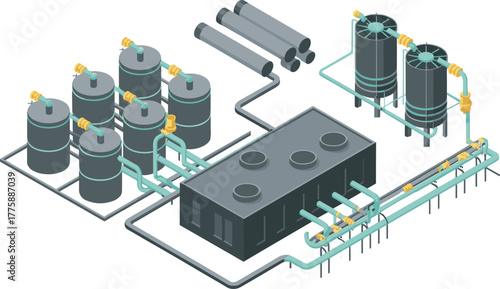 Isometric illustration of industrial chemical processing plant, factory storage tanks, pipelines, filtration system, and fluid control equipment engineering concept