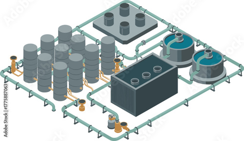 Isometric illustration of industrial chemical processing plant, factory storage tanks, pipelines, filtration system, and fluid control equipment engineering concept