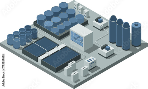 Isometric illustration of industrial water treatment plant layout showing purification tanks, pipelines, filters, and automated modern water processing system