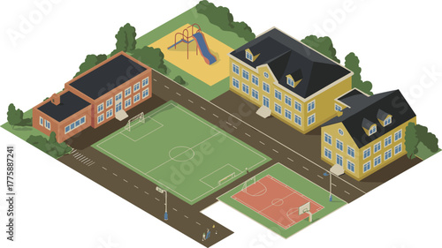 Isometric illustration of modern school campus, educational buildings with playground, football and basketball fields, children activity area, learning environment