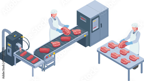 Isometric illustration of meat processing factory with workers handling steaks on conveyor belt, production line, and food industry automation