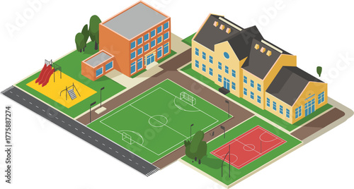 Isometric illustration of modern school campus, educational buildings with playground, football and basketball fields, children activity area, learning environment