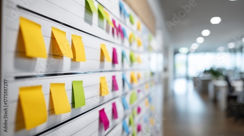 Vibrant sticky notes covering plain wall visualizing ideas brainstorming sessions and efficient task management.