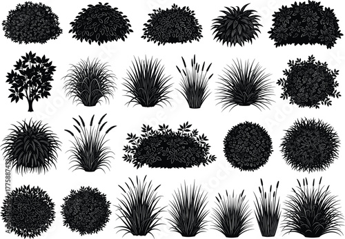Silhouette collection of various garden bushes, trees, ornamental grasses, and foliage plants for landscape design, botanical decoration, and nature vector illustration
