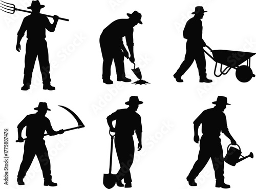 Silhouette set of male farmers working with tools, digging soil, watering plants, and using wheelbarrow, agriculture worker vector illustration, farming concept