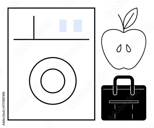 Washing machine, apple, and briefcase symbolize daily routines, healthy living, work-life balance. Ideal for concepts thumbs up lifestyle, productivity, health, technology organization home