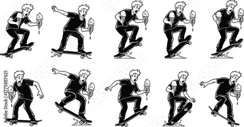 Skateboarder, ice cream, trick, fall, cartoon, funny, sequence, action, youth, balance, mishap, humor, sport, dripping, motion, comic, accident, jump, skateboarding, illustration