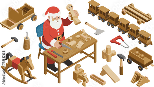 Isometric illustration of Santa Claus crafting wooden toys, Christmas workshop design, holiday gift making scene with wood crafts and tools