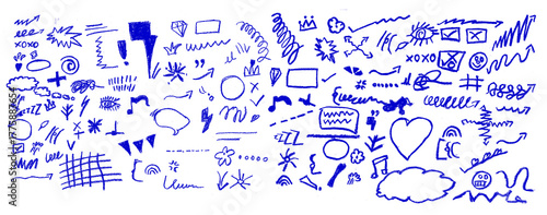 Hand drawn blue highlights, underlines and emphasis crayon elements. Blue pen check marks, ovals and school notebook vector shapes for hand drawn notes. Checkered paper sheet.