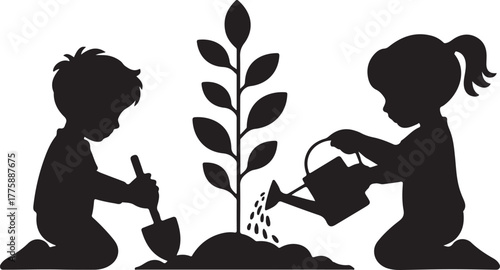 Continuous one black line art drawing Silhouette of children watering a tree. planting tree to save the world and earth day reduce global warming growth concept vector illustration on white background