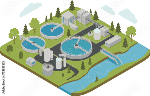 Isometric illustration of water treatment plant with filtration tanks, purification system, clean water process facility and environmental industrial infrastructure