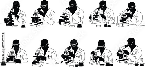 Scientist working in laboratory, microscope research, lab equipment, scientific experiment, medical analysis, chemistry study, biotechnology, science professional, sterile lab, discovery