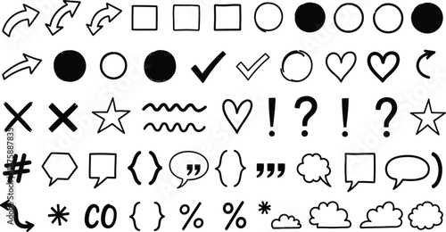 Hand Drawn Arrows, Shapes and Symbols Set on Transparent Background