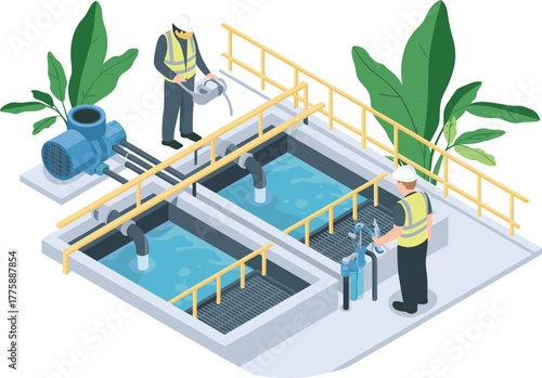 Isometric illustration of water treatment plant workers inspecting filtration system, wastewater purification process, clean water management and environmental engineering facility