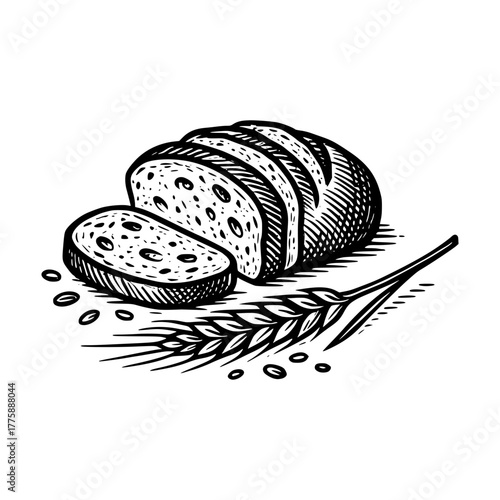 Sourdough Bread Sliced Loaf with Wheat Grain. Hand Drawn Sketch Style Vector Clipart or Illustration. Vintage rustic Artisan Bakery Drawing logo 
