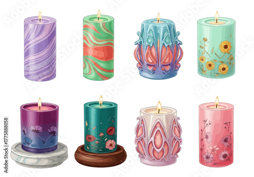 Collection of Decorative Lit Candles with Floral and Abstract Designs.
