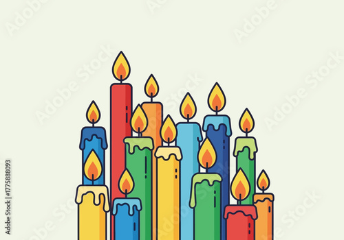 Colorful Cartoon Candles with Flames Festive and Decorative Illustration.