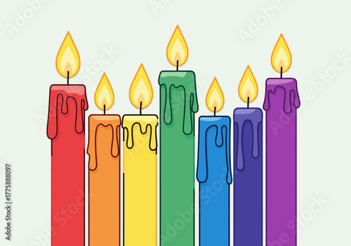 Colorful Cartoon Candles with Dripping Wax and Flames Red Orange Yellow Green Blue Indigo Violet.