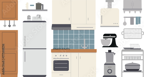 Minimalist illustration of modern kitchen interior with cabinets, refrigerator, stove, sink, mixer, and tiled backsplash home design