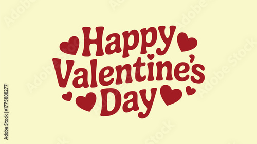 Red Happy Valentines Day text with hearts on cream background