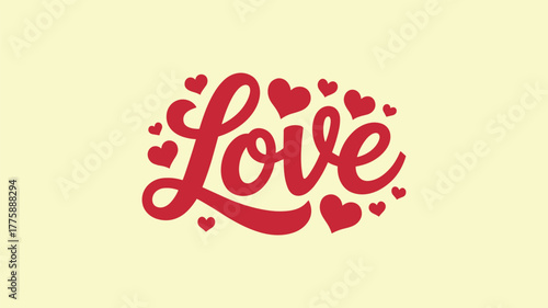 Red Love text with hearts on cream background