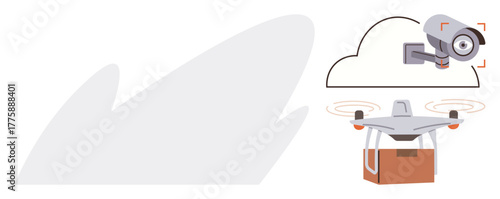 Camera connected to cloud, emphasizing security, technology. quadcopter delivering goods. Ideal for security, delivery, technology, modern logistics e-commerce online services automation. Simple flat