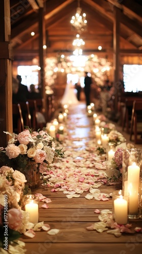 Romantic Wedding Ceremony: Rose Petals, Candles, Bride, Groom, Rustic Venue.