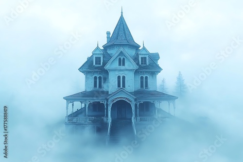Wallpaper Mural Mysterious Victorian House Emerging from Foggy Landscape in Ethereal Blue Atmosphere Torontodigital.ca