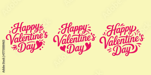 Three Happy Valentine's Day Text Designs with Hearts and Flourishes