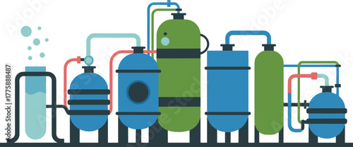 Minimalist vector illustration of water treatment system, industrial filtration equipment, modern purification plant, clean technology, wastewater management process