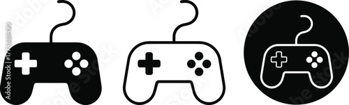 Minimalist video game controller icons set, black and white joystick symbols, modern gaming design, simple vector illustration for technology concepts