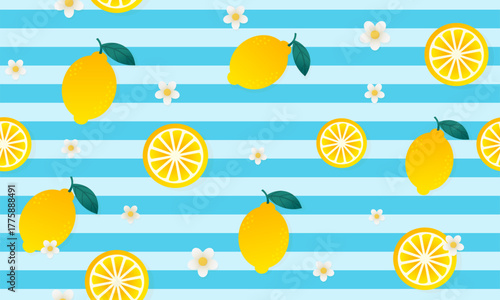 Fresh yellow lemons whole and slices with green leaves seamless pattern on blue and white striped background for summer kitchen decor vector illustration