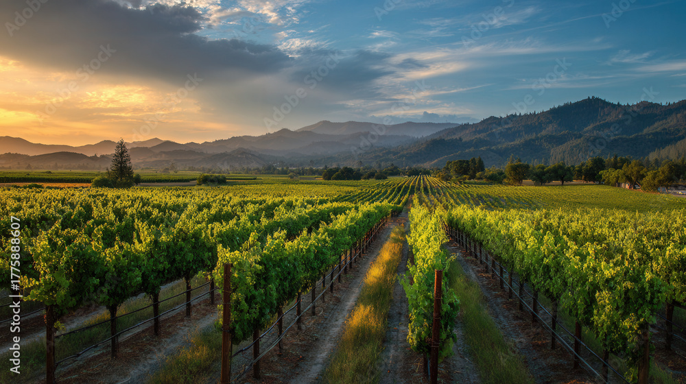 Fototapeta premium Vineyards stretch across rolling hills under a colorful sunset in Napa Valley, showcasing nature's beauty and agricultural richness