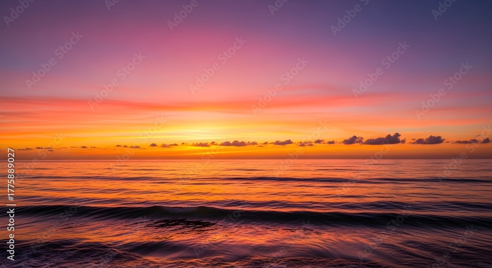 Obraz premium Vivid sunset over the ocean with colorful sky and gentle waves sea clouds