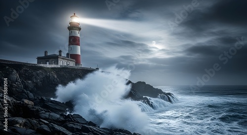 Towering red and white lighthouse on a rocky cliff illuminates the stormy sea with powerful light beams