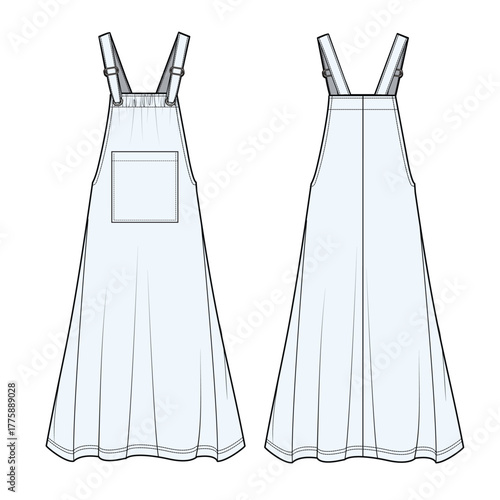Women apron dress front and back view mockup template vector design technical illustration.