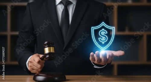 Man holding shield with dollar sign and gavel for financial legal protection