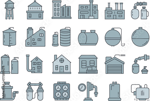 Set of industrial and water treatment plant icons, filtration tanks, pipelines, buildings, pumps, and factory equipment in modern flat style vector