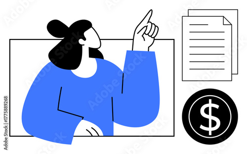 Woman in blue raising her finger thoughtfully next to documents and a dollar icon. Ideal for finance, accounting, business strategy, education, decision-making, legal advice, simple flat metaphor