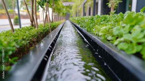 serene water feature with flowing rivulet amidst verdant vegetation creating a peaceful ambiance in a contemporary urban garden design